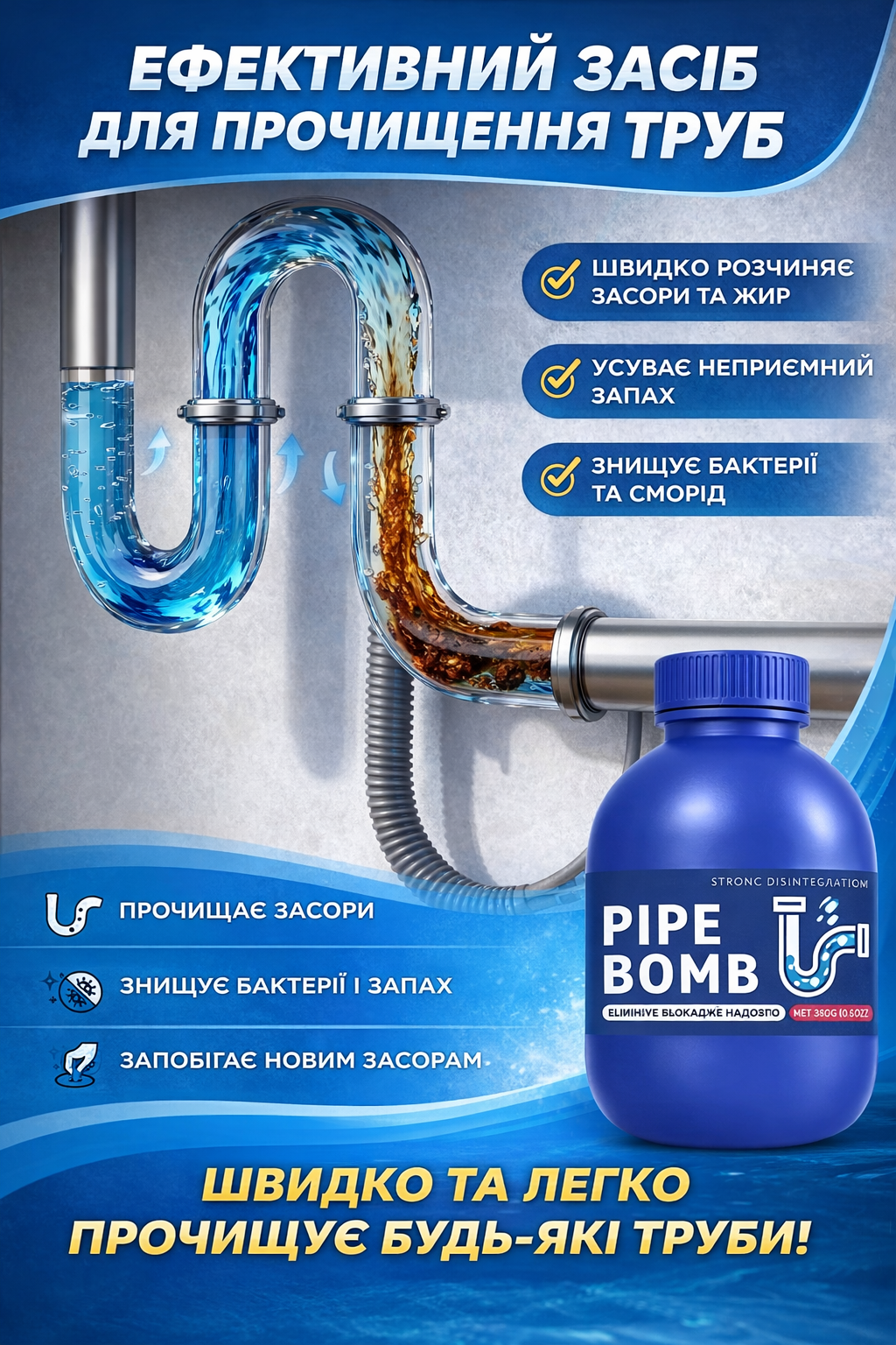 Потужний засіб для прочищення трубопроводів, кухонних раковин, зливів душових кабін та ванн!