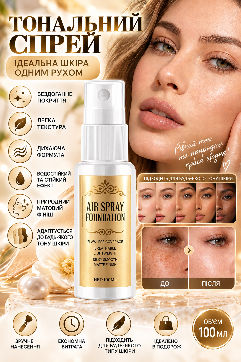 🌸Водостійкий бездоганний тональний крем Air Spray